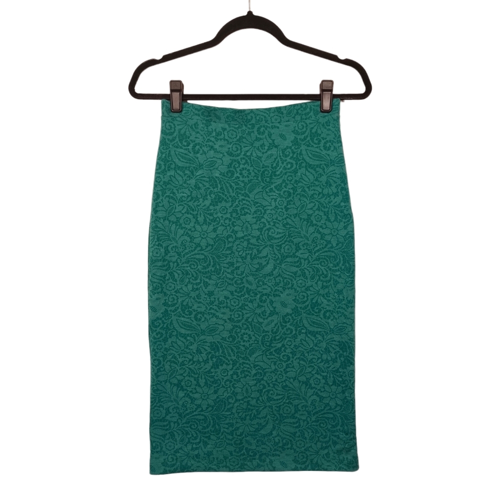 ANTHRO BORDEAUX Green Teal Paisley Print Stretchy Pencil Midi Skirt X-Small